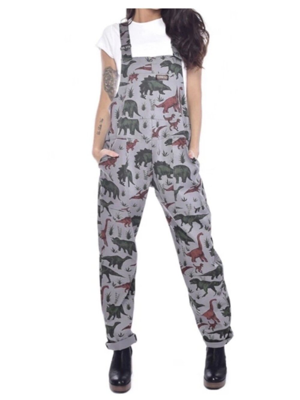 Run & Fly Adventure Dinosaur Stretch Dungarees Gray Overalls Size XS - Picture 1 of 9